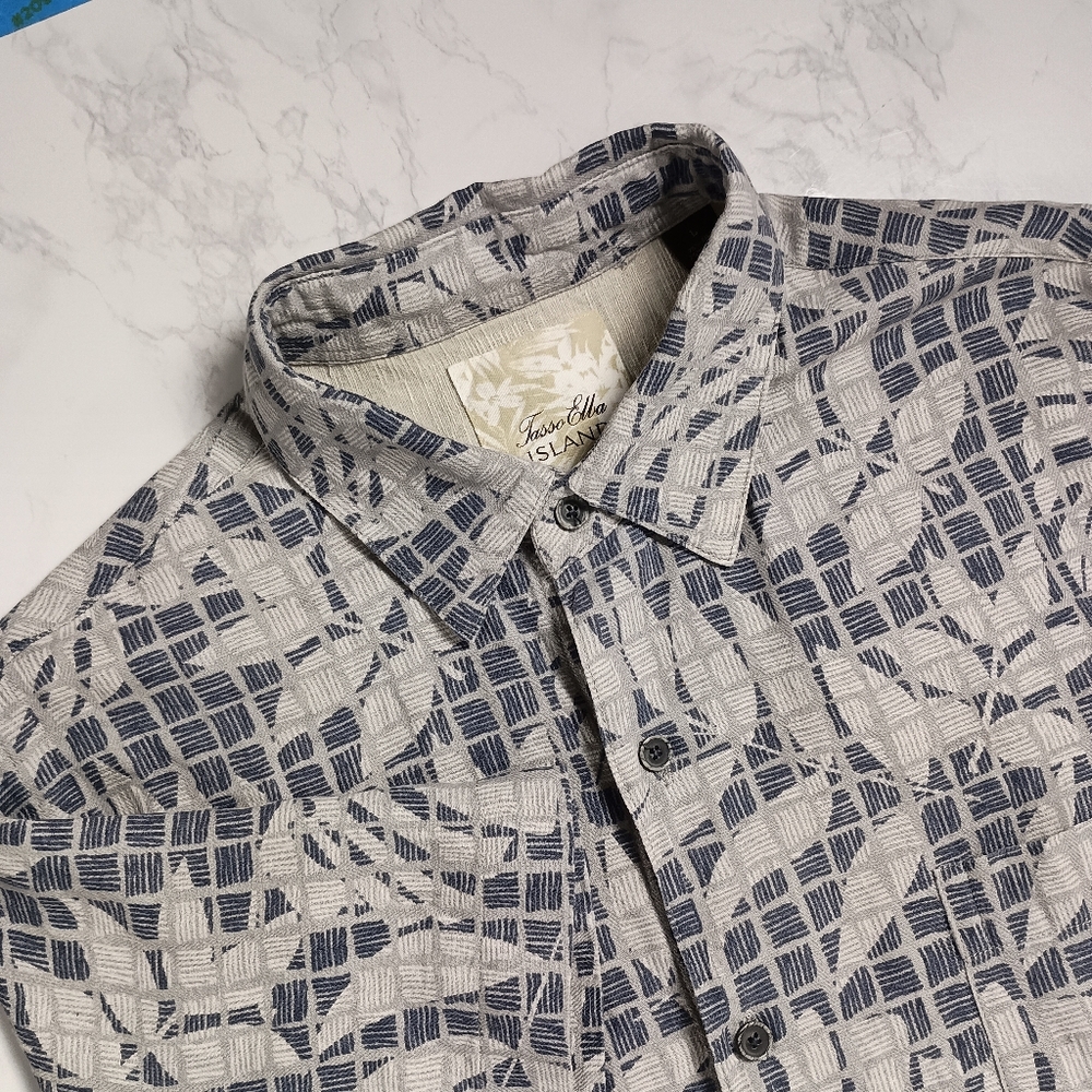 Tasso Elba Island Silk Linen Blue Gray Tropical Men's L Short Sleeve Shirt
